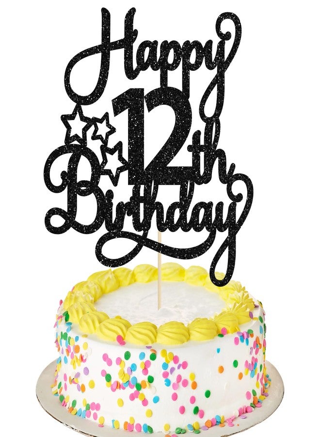 Ephlyn 1 Pack Happy 12th Birthday Cake Topper Glitter Heart Star 12 Fabulous Cake Pick Birthday Sign Cake Decorations for Children 12th Birthday Theme Party Supplies Black - Image 1